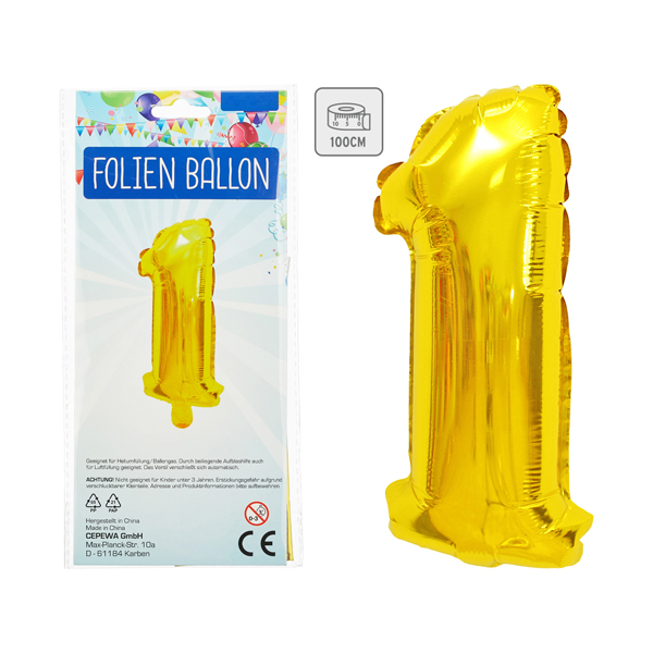 Palloncino foil, numero 1, alto circa 100 cm, oro