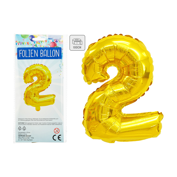 Palloncino foil, numero 2, alto circa 100 cm, oro