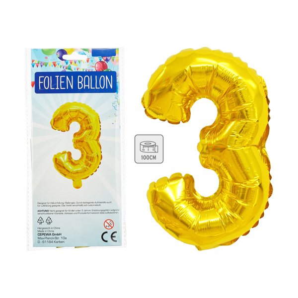 Palloncino foil, numero 3, alto circa 100cm, oro