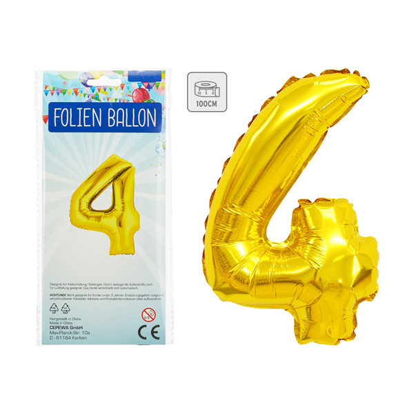 Palloncino foil, numero 4, alto circa 100cm, oro