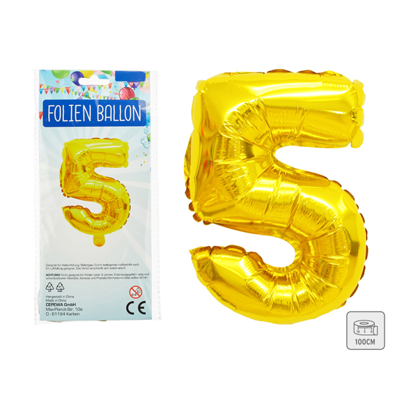 Palloncino foil, numero 5, alto circa 100cm, oro