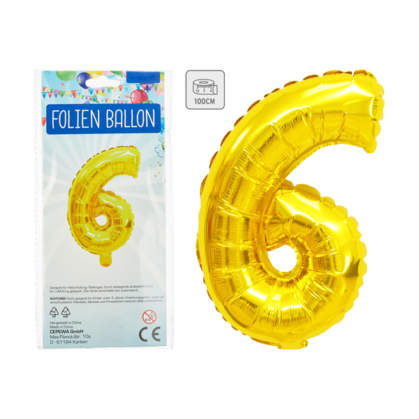 Palloncino foil, numero 6, alto circa 100cm, oro