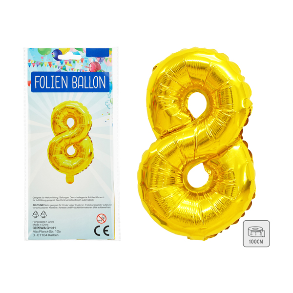 Palloncino foil, numero 8, alto circa 100cm, oro